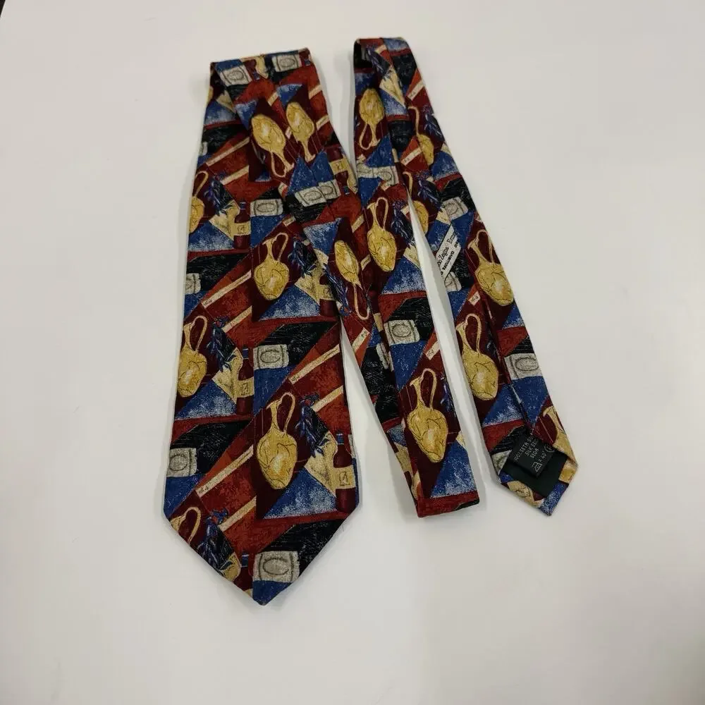 Ermenegildo Zegna Mens Silk Tie Wine Amphora Abstract Art Red Blue Gold Italy